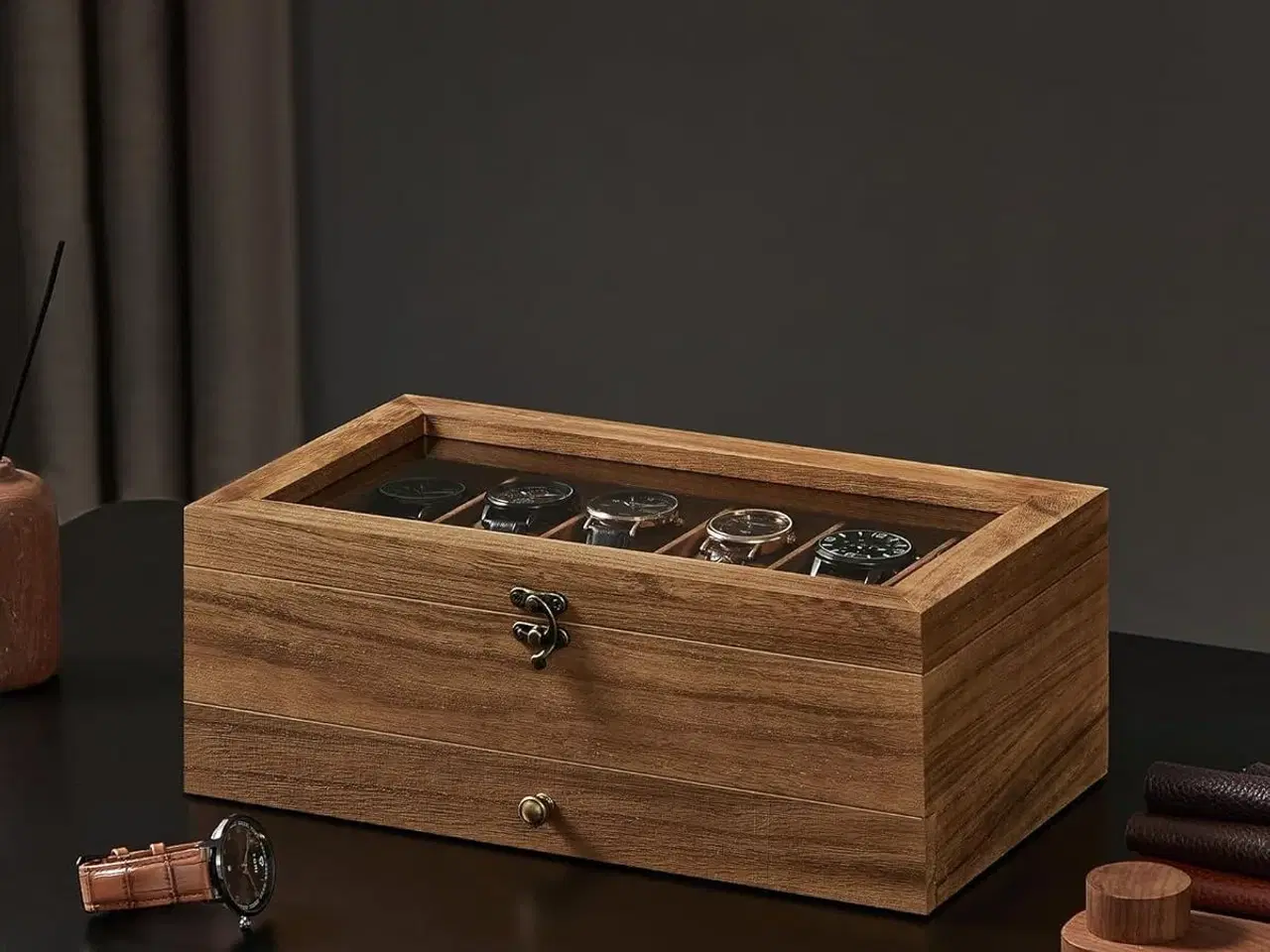 Billede 6 - Urkasse med glaslåg watch box i træ, 12 rum, 2 etager, rustik valnød