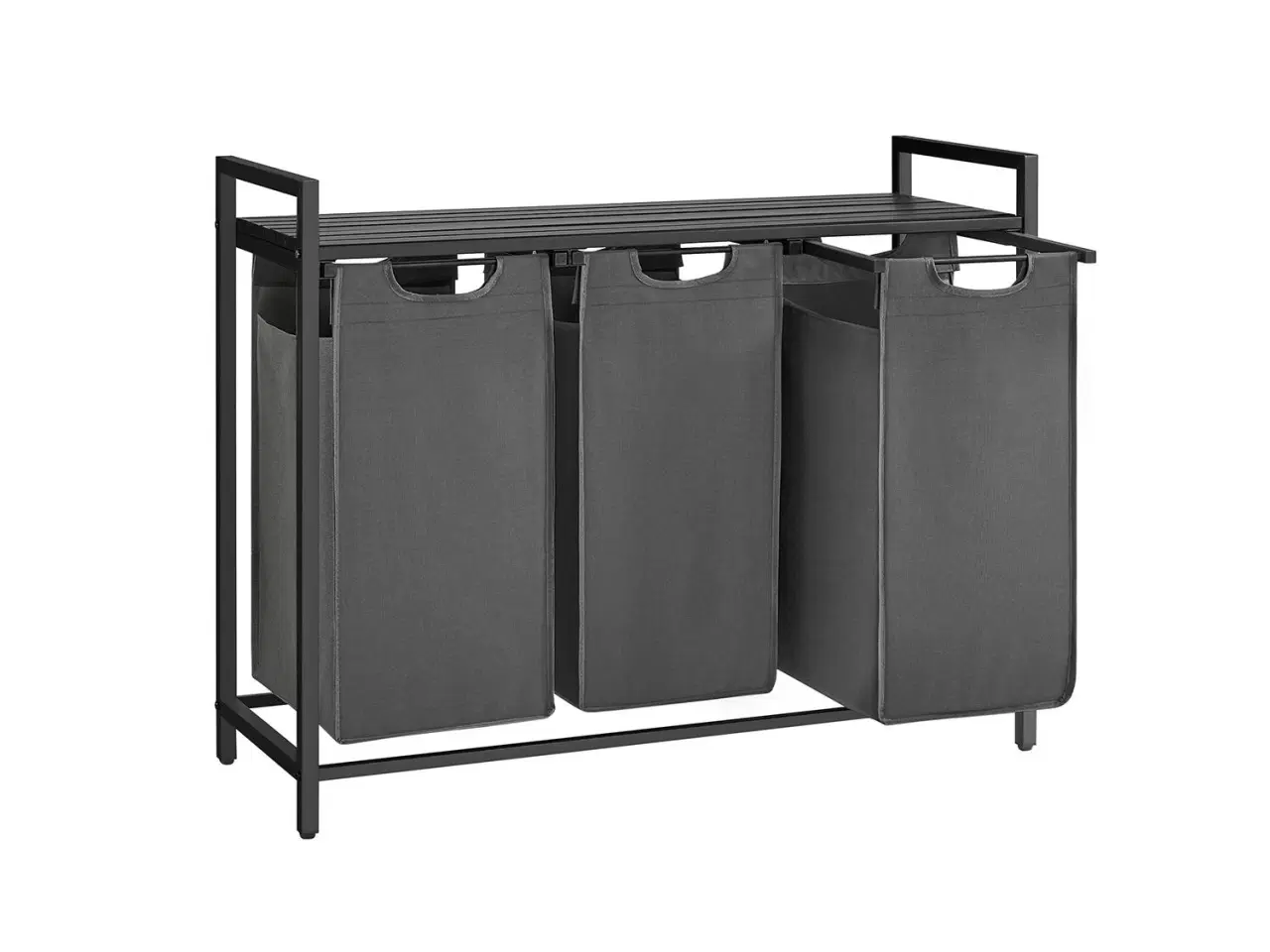 Billede 1 - Vasketøjskurv med 3 rum – VASAGLE, udtrækkelige poser, hylde, metalstel, 3 x 38 l, 92,5 × 33 × 72 cm, sort/grå