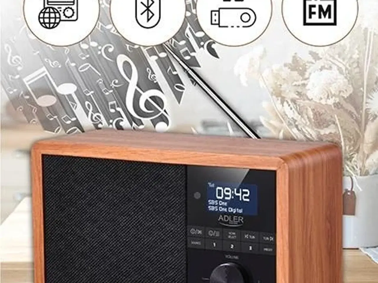 Billede 1 - Radio med vækkeur DAB+/FM – Adler AD 1184, træ/sort