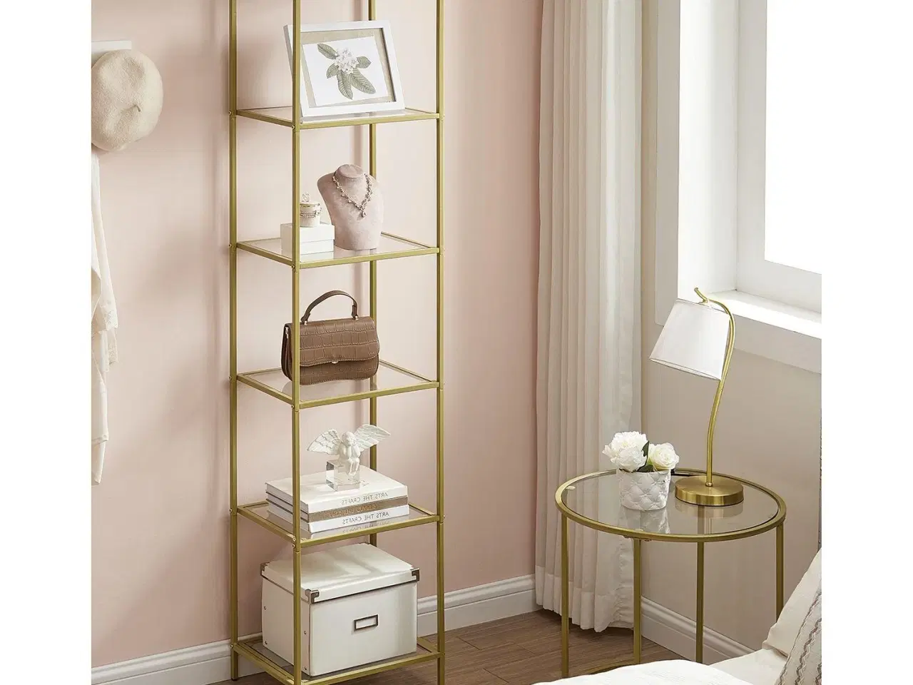 Billede 3 - Bogreol med 6 hylder slank reol i hærdet glas og stål, metallic guld (LGT500A01)