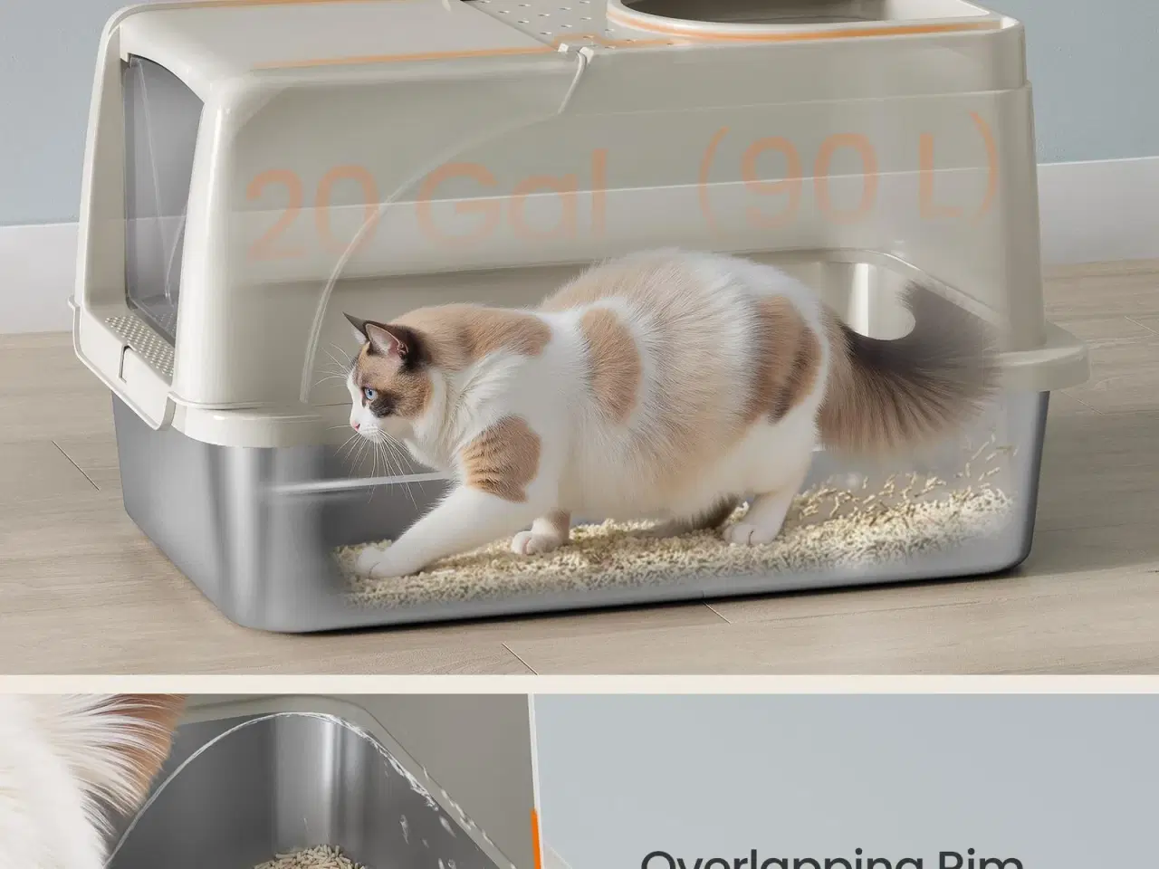 Billede 4 - Feandrea kattebakke i rustfrit stål med flip-låg, XL – lækagesikker, dobbelt indgang, inkl. skovl, børste og måtte – cappuccino beige