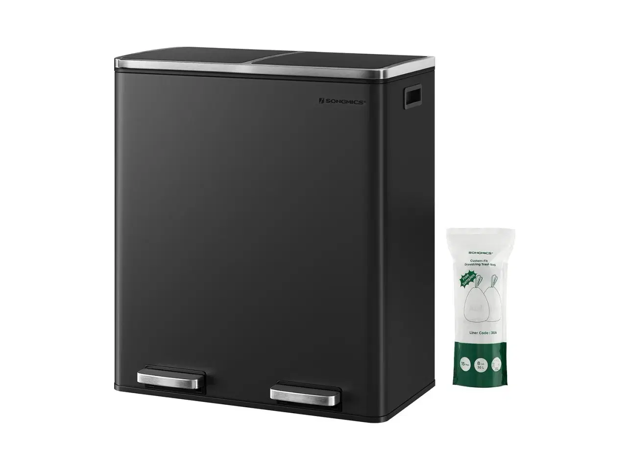 Billede 1 - Skraldespand med dobbelt rum 2 x 30 l – SONGMICS, pedal, soft-close, sort