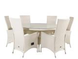 havesæt m. Volta bord (Ø150) og 6 Padova stole m. recliner + hynde - hvid rattan/glas