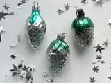 Vintage julekugler, sølvkogler m grønt, 3 stk samlet - 2