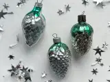 Vintage julekugler, sølvkogler m grønt, 3 stk samlet - 3