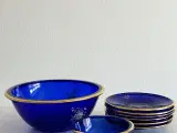 Serveringssæt, blåt glas m tryk og guld, samlet pris
