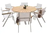 Mexico havesæt m. bord (Ø140) og 6 stole m. armlæn - hvid alu/textilene og teak