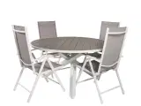 havesæt m. Parma bord (Ø140) og 4 Break stole m. recliner - hvid alu/grå textilene