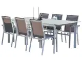 havesæt, m. Santorini bord (200x100) og 6 Parma stole, m. armlæn - grå glas/hvid alu