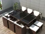 Udendørs spisebordssæt 11 dele med hynder polyrattan brun