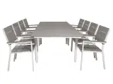Levels havesæt m. bord m. udtræk og 8 stole m. armlæn - hvid alu/grå aintwood