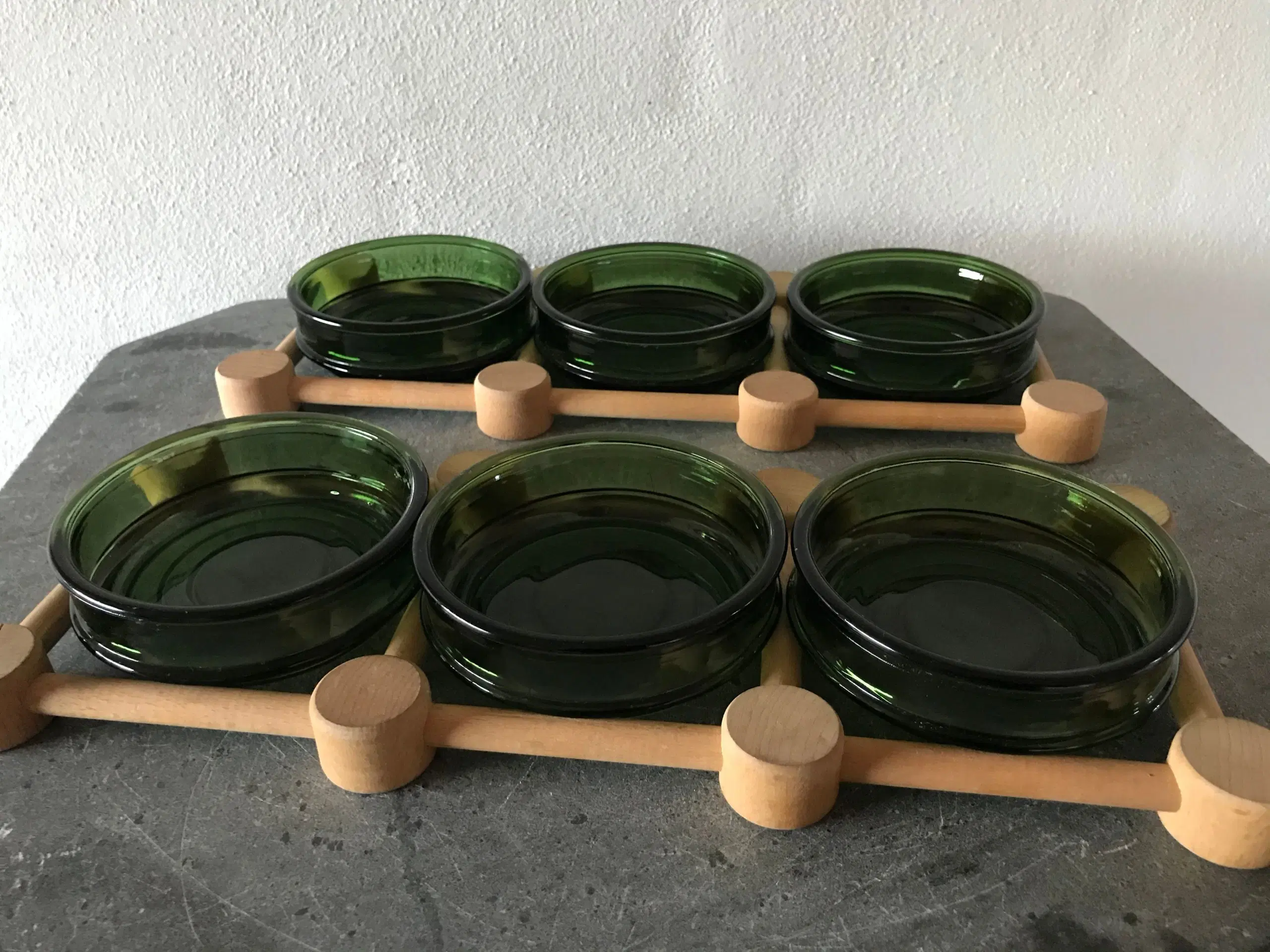 Vintage Nissen Denmark Teak Spinning Tray with Green Glass store Bowls