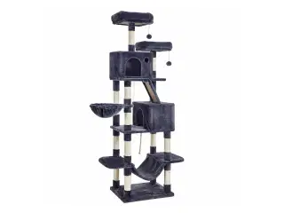 Klatretræ til kat – FEANDREA 206 cm, stort kattetræ med 13 kradsepæle, rampe, 2 udsigtsplatforme, 2 huler, kurv og hængekøje – røggrå