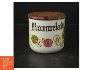 Knabstrup keramik marmeladekrukke med trælåg fra Knabstrup (str. Ø. 9 cm. længde, 8 cm)