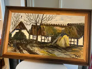 Maleri af stråtækte huse
