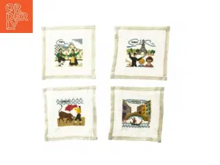 Broderede dekorationsbilleder på stof (str. 4 stk 14x14 cm)