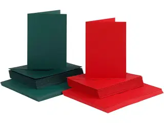 Kort og kuverter, kort str. 10,5x15 cm, kuvert str. 11,5x16,5 cm, 110+230 g, grøn, rød, 50sæt/ 1 pk.