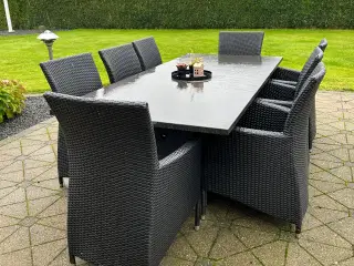 Granit havebord med 8 stole + hynder