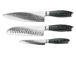Køkkenknivsæt udført i 67 lags Damaskus stål.