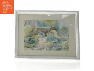 Indrammet akvarel af landhus (str. 27 x 20 cm)