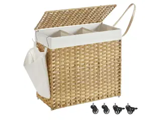 Vasketøjskurv med låg – SONGMICS, 140 l, rattan-look, 3 rum, aftagelig inderpose, hjul og håndtag, natur, 66 × 33 × 60 cm