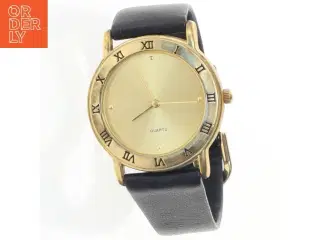 Dameur med sort læderrem og guld urskive fra Quartz (str. Ø 9 mm)
