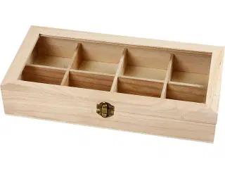 Æske med glaslåg, str. 32x16x6 cm, hulstr. 7x7 cm, 1 stk.