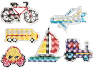 Perleplade, bil, fly, båd, traktor, bus og cykel, str. 9x9,5+11x16 cm, medium, 6stk./ 1 pk.
