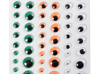 Rulleøjne, selvklæbende, diam. 6+8+10+12+15 mm, grøn, orange, hvid, 54 stk., 1 ark
