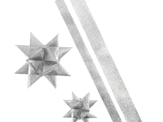Stjernestrimler, L: 86+100 cm, B: 25+40 mm, diam. 11,5+18,5 cm, sølv glitter, 16strimler/ 1 pk.