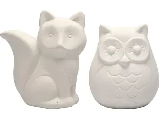 Sparedyr, ugle og ræv, H: 9 cm, hvid, 2stk./ 1 pk.