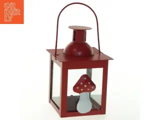 Rød jule lanterne med svampedekoration (str. 9,5x15 cm)