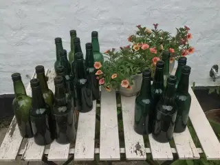 18 gamle grønne ølflasker