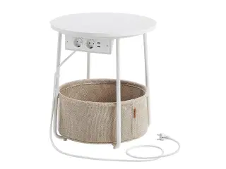 Sofabord rundt sidebord med stofkurv og strømudtag, mat hvid/kamelbrun