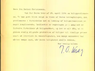 Autograf - Brev fra Statsminister J.O.Krag - 1964