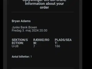 ✅️ BRYAN ADAMS billetter / tickets - 3 MAJ