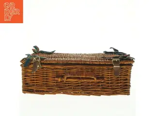 Fletkurv kuffert med låg og læderdetaljer, til picnic (str. Niogtredve x, 21 x 12 cm)