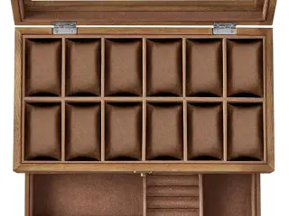 Urkasse med glaslåg watch box i træ, 12 rum, 2 etager, rustik valnød