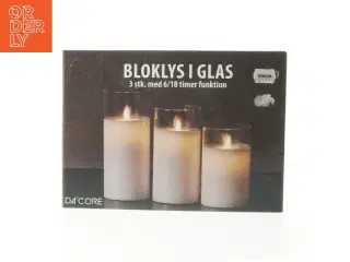 Bloklys i glas med timer fra DA CORE (str. Ø. 7,5 cm. længde. 17,5. og. 15. og. 12,5 cm)