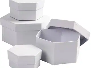 Sekskantede Æsker, H: 4+5+6+7 cm, diam. 6,5+8+10+12 cm, hvid, 4stk./ 1 sæt