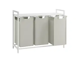 Vasketøjskurv med 3 rum udtrækkelige poser, hylde, metalramme, 3 × 38 l, 92,5 × 33 × 72 cm, hvid