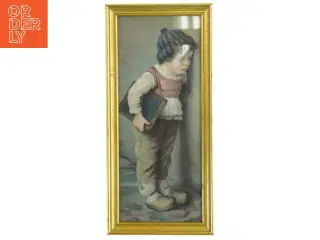 Gammelt maleri af barn med bog i ramme (str. 31x14,5 cm)