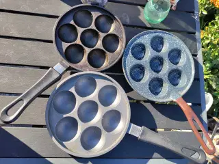 Æbleskivepander, støbejern og aluminium