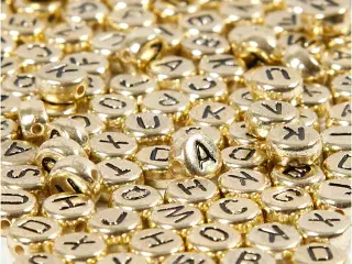 Bogstavperler, diam. 7 mm, hulstr. 1,2 mm, guld, 21g/ 1 pk.