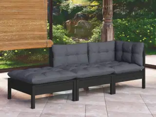 Loungesæt til haven 3 dele med hynder massivt fyrretræ sort