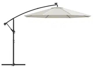 Hængeparasol med LED-belysning 300 cm sandfarvet metalstang