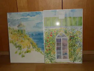 Ole Kortzau. Tryk. Akvarel. Landskab. Hus. Blomst