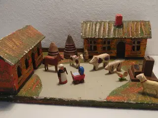 Erzgebirge: Gård med 11 dele, dyr,træer mm.Ca 1930