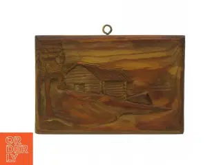 Snit i træ af Landskabsmotiv med hytte (str. 15 x 10 cm)