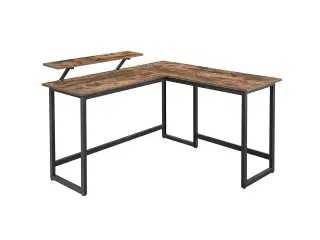 Skrivebord i L-form VASAGLE med skærmhylde, pladsbesparende, justerbare fødder, metalstel, rustik brun, 140 × 130 × 76/91,5 cm